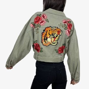 Handmade Cropped Green Denim Jacket With Appliqués